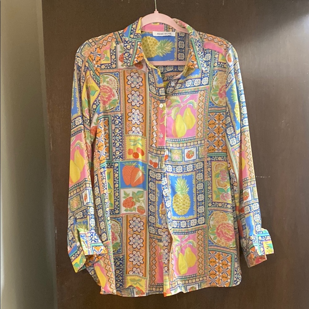 Rose & Olive Tile Pattern Floral and Fruit Button-Up Shirt